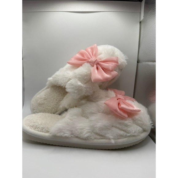 Unbranded Shoes - White Faux Fur House Slippers Pink Satin Bow Slide Cozy Fuzzy Indoor Shoes